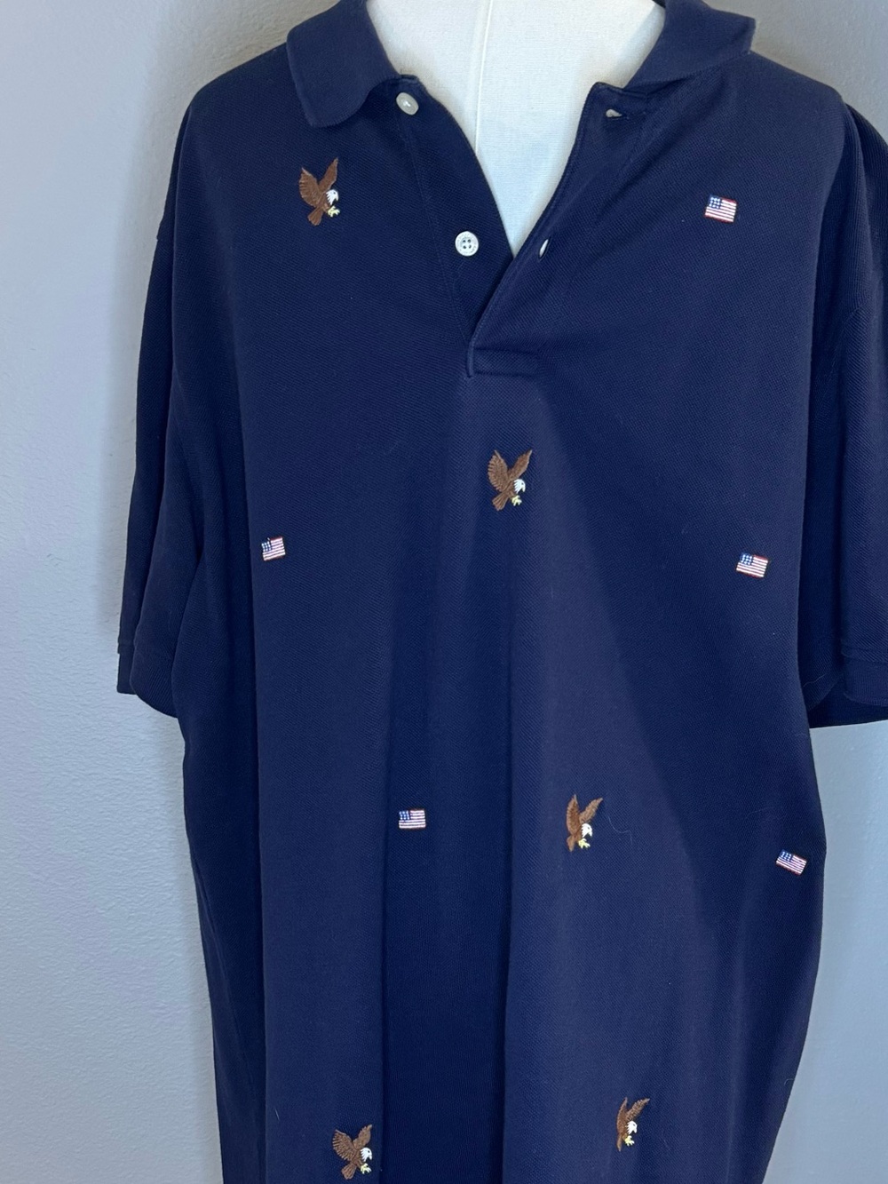 Brooks Brothers Navy Polo with Embroidered Eagles and Flags